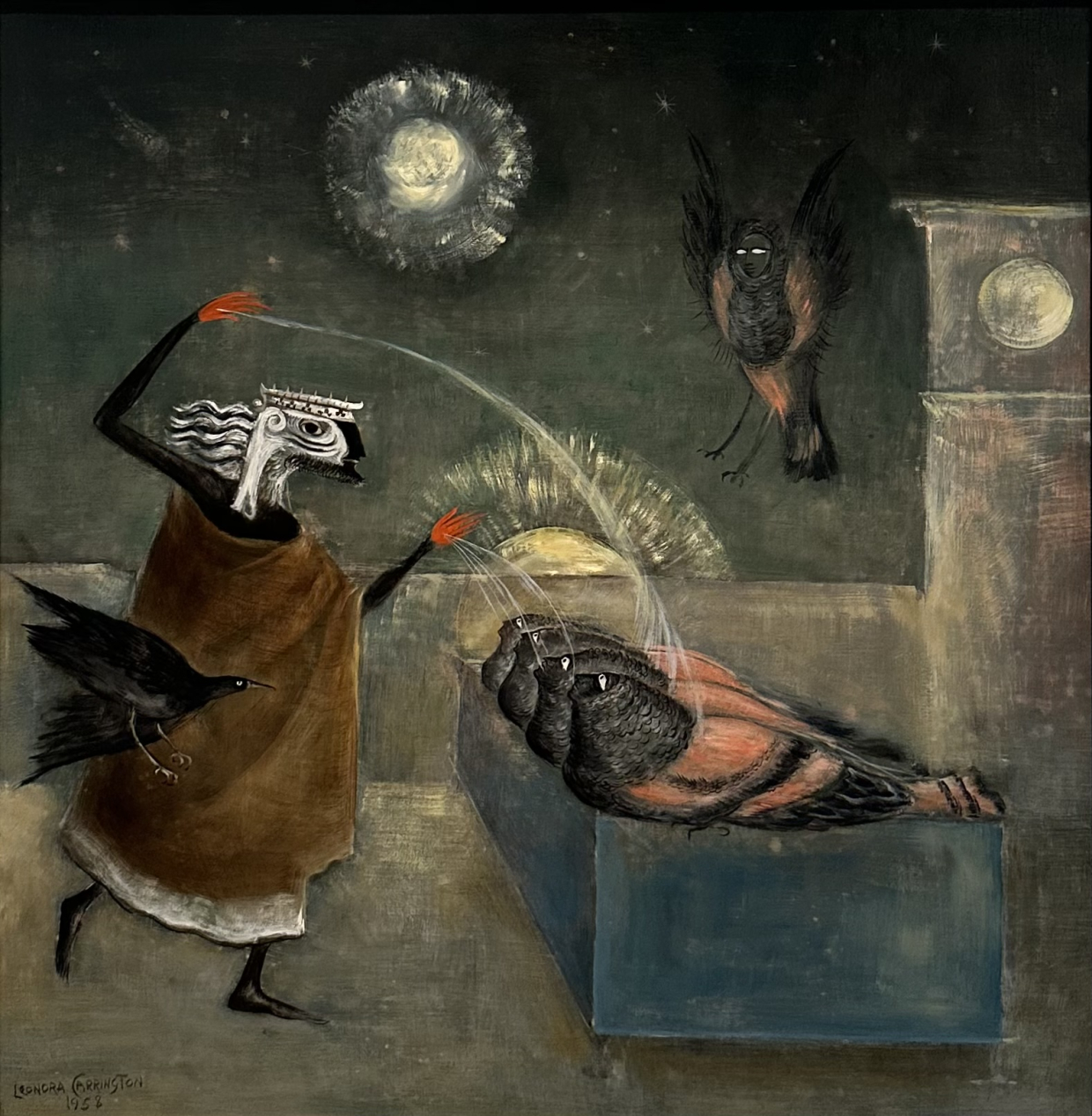 Leonora Carrington, 1917-2011. Ashurbanipal Abluting Harpies, 1958. Oil on canvas.  Photo Dan Daniel website https://rabinovichgallery.com/