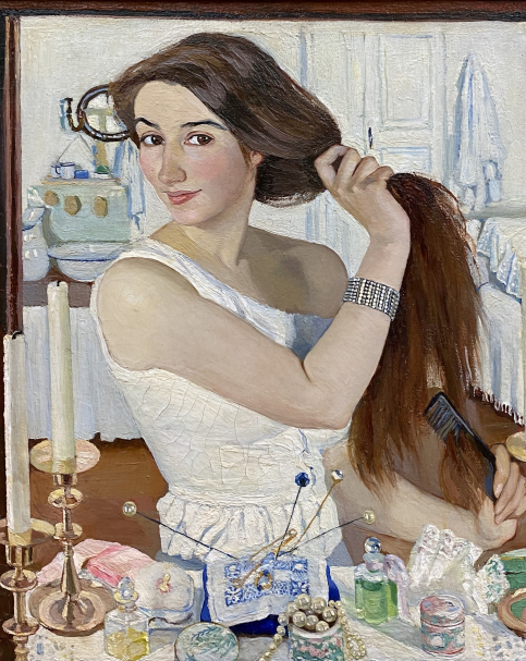 Zinaida Serebriakova. 1884-1967. At Toilet. Self portrait. 1909.  Oil on canvas mounted on cardboard. State Tretyakov gallery