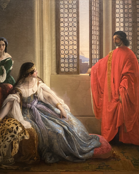 Francesco Hayez.  Giorgio Cornaro, sent you Cyprus by the Republic of Venice, notifies close relative Queen Caterina Cornaro that her Kingdom is now under Venice’s rule, as the Lion’s banner is already waving from the fortress of the island. 1842.