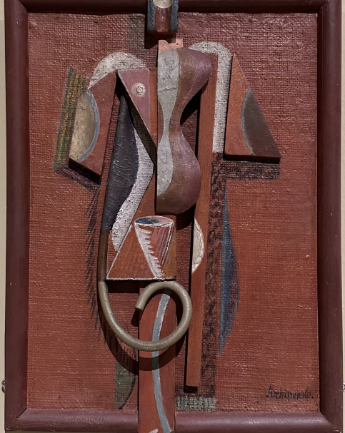 Alexander Archipenko 1887-1964. Woman, 1920. sheet metal, glass bottle and metal funnel. Support: oil on burlap on wooden panel. Tel Aviv Museum of Art. Photo Dan