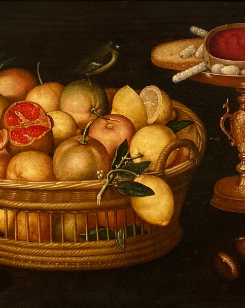 Francesco Codino (Franz Godin). Basket of Citrus Fruits and Cakestand.1620-1624. Accademia Carrara. Bergamo.