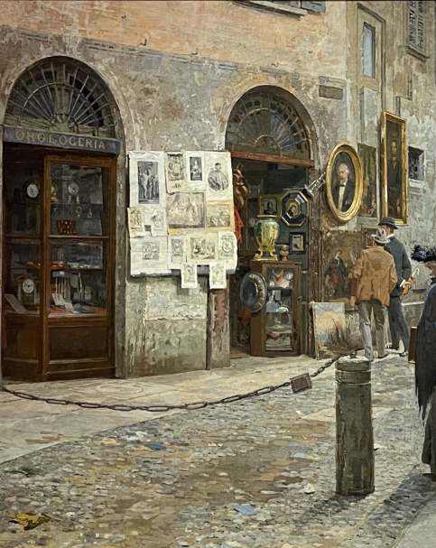 Arturo Ferrari (1861-1932).  In theOld Street (Vicolo San Bernardino alle Ossa in Milan), 1912. Oil on canvas. Gallerie d'Italia. Milano.