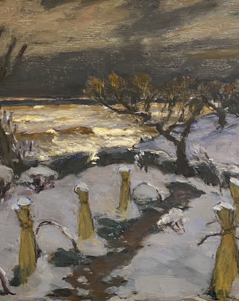 Nilus Peter. Seashore in the snow with wrapped rose bushes. Voronezh Regional Museum named after I.N. Kramskoy.