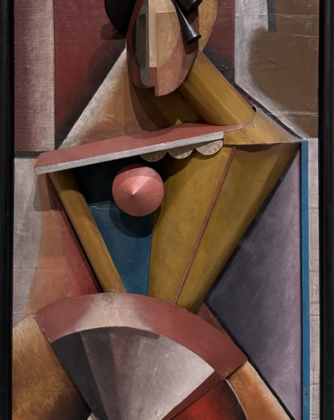 Alexander Archipenko 1887-1964. Woman with Fan, 1914. Painted wood and painted sheet metal, glass bottle and metal funnel. Support: oil on burlap and oil on oilcloth,mounted on wooden panels. Tel Aviv Museum of Art. Photo Dan