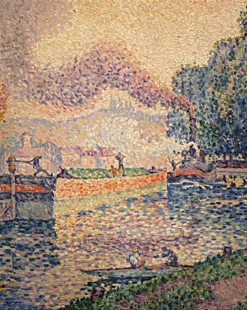 Paul Signac 1863-1965. The Tugboat , Canal at Samois, 1901. Oil on canvas. Israel museum Jerusalem. Photo Dan Daniel