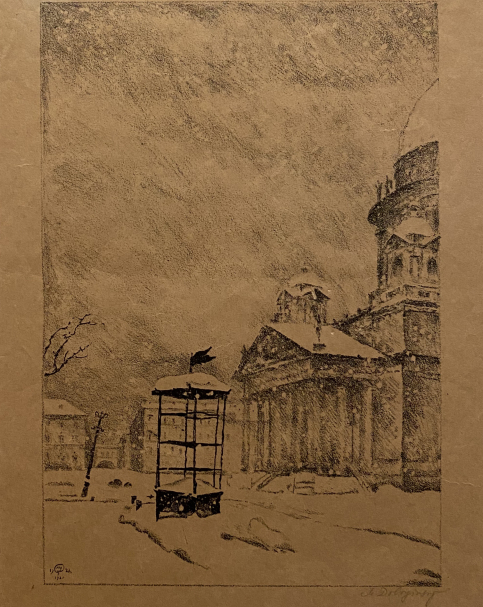 Mstislav Dobuzhinsky(1875-1957). St. Isaac’s Cathedral. 1922. Lithography on brown paper. State Tretyakov Gallery.