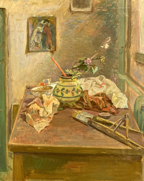 Anatoly Gusyatinsky. Still life with a reproduction of a painting by Cezanne. 1938. Russian Museum, St. Petersburg