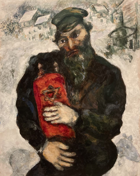 Marc Chagall 1887-1985. Jew with Torah, 1925.  Gouache on panel, mounted on wooden panel.  Tel Aviv museum of art. Photo Dan