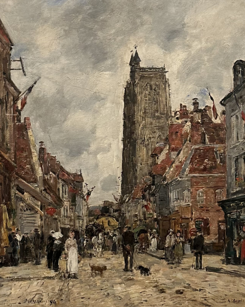 Eugène-Louis Boudin 1824-1898. Abbeville, Sait-Vulfran Street and Church, 1894. Oil on wooden panel. Simon and Marie Jaglom Collection.  Tel Aviv Museum of Art. Photo Dan