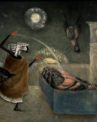 Leonora Carrington, 1917-2011. Ashurbanipal Abluting Harpies, 1958. Oil on canvas.  Photo Dan Daniel website https://rabinovichgallery.com/