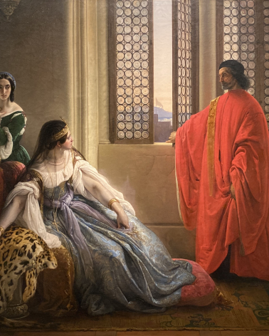 Francesco Hayez.  Giorgio Cornaro, sent you Cyprus by the Republic of Venice, notifies close relative Queen Caterina Cornaro that her Kingdom is now under Venice’s rule, as the Lion’s banner is already waving from the fortress of the island. 1842.