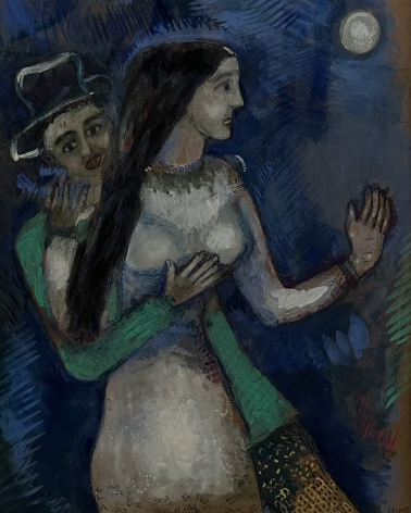 Marc Chagall 1887-1985. Lovers and Moon, 1927.  Gouache on paper, mounted on canvas.  Simon and Marie  Jaglom Collection. Tel Aviv museum of art